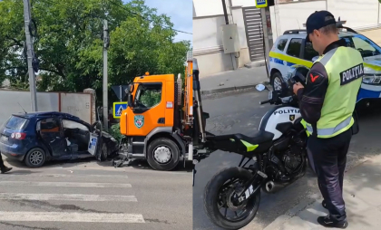 Accident în capitală. Un bărbat a ajuns la spital, după ce automobilul în care se afla s-a lovit cu o mașină de gunoi. Imagini de la locul impactului - VIDEO