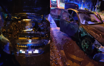 A ars ca o torță. Momentul în care un BMW este cuprins de flăcări pe o stradă din capitală - VIDEO
