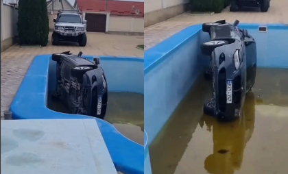 Un șofer din Tiraspol ajuns cu BMW-ul într-o piscină. Imagini surprinse de martori - VIDEO