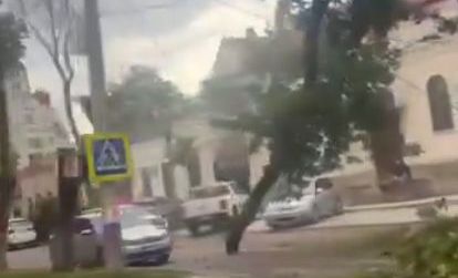 Pericol pe străzile din Chișinău: Un copac a fost doborât de vânt peste firele electrice și carosabil. Poliția a intervenit de urgență - VIDEO