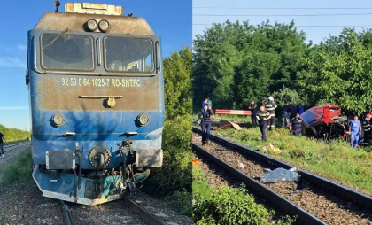 O mașină a fost spulberată de un tren, în România. Șoferul a murit, iar pasagerii au fost răniți 