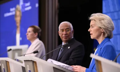 Ursula von der Leyen, Antonio Costa și Mette Frederiksen, conferință de presă după summitul Consiliului European