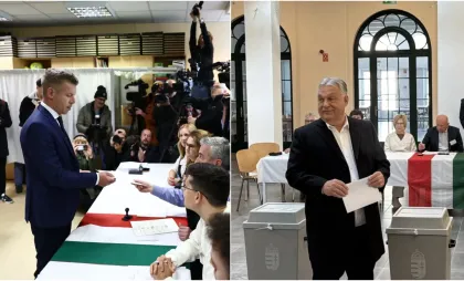 Peter Magyar și Viktor Orban, după ce au votat la alegerile din Ungaria Peter Magyar și Viktor Orban, după ce au votat la alegerile din Ungaria