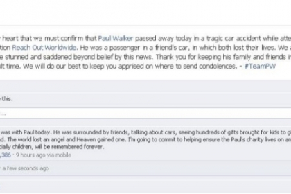 Mesajul oficial postat pe paginile de Facebook si Twitter ale lui Paul Walker, dupa deces Mesajul oficial postat pe paginile de Facebook si Twitter ale lui Paul Walker, dupa deces