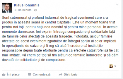 Reactia presedintelui roman Klaus Iohannis, dupa tragedia din Bucuresti: "Sunt cutremurat si profund indurerat" Reactia presedintelui roman Klaus Iohannis, dupa tragedia din Bucuresti: "Sunt cutremurat si profund indurerat"