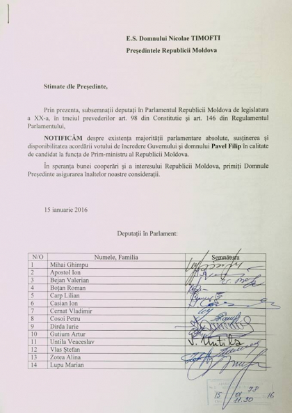Presedintele a publicat lista celor 55 de deputati care au semnat pentru sustinerea democratului Pavel Filip