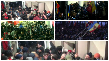 GALERIE FOTO/LIVE TEXT - Cativa protestatari au intrat in Parlament si au inceput sa scoata obiecte, iar mai multi politisti au iesit din cladire. Manifestantii striga scandari anti-Plahotniuc