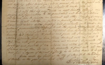 O copie a actului prin care George Washington a creat Sarbatoarea Recunostintei, scoasa la licitatie