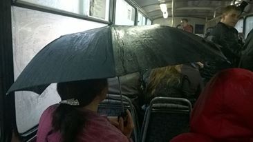 Poza zilei! Cu umbrela deschisa... in troleibuz. Cum a fost surprinsa o femeie in timp ce calatorea in transportul public - FOTO