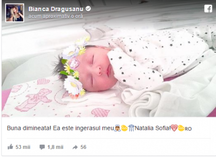 Bianca Dragusanu a publicat pe contul de Facebook prima fotografie cu fetita ei si a lui Victor Slav