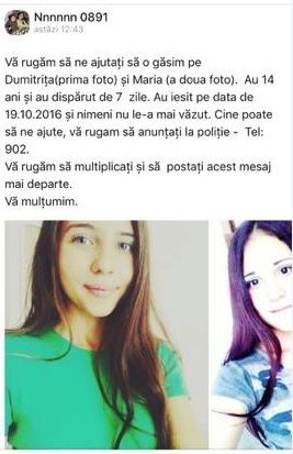 Disperare fara margini. De 7 zile nimeni nu mai stiu nimic de ele. Doua adolescente de 14 ani AU DISPARUT fara urma - FOTO