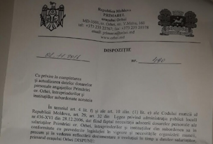 Fostul viceprimar de Orhei il acuza pe Ilan Sor ca ar intimida angajatii de la primarie ca sa-i determine sa boicoteze alegerile. Dispozitia semnata de primarul de Orhei \\ DOC