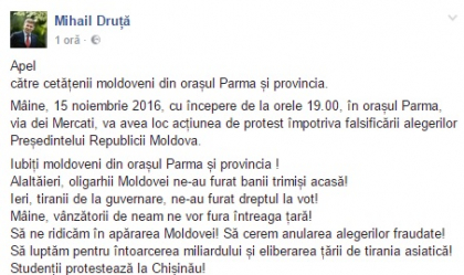 Moldovenii din Parma se mobilizeaza pentru a protesta impotriva falsificarii alegerilor prezidentiale Moldovenii din Parma se mobilizeaza pentru a protesta impotriva falsificarii alegerilor prezidentiale