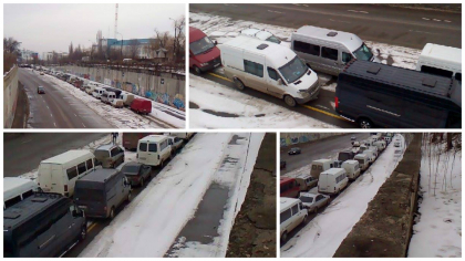 Cu microbuzele, la protest! Soferii care transporta colete au blocat podul de la Telecentru: Traficul a fost redirectionat - GALERIE FOTO