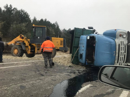 Un camion incarcat cu pulpa de sfecla de zahar s-a rasturnat langa Edinet. Totul s-a imprastiat pe carosabil - GALERIE FOTO