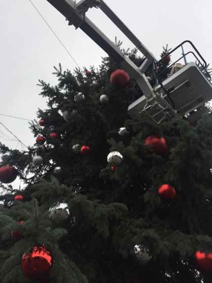 A inceput impodobirea bradului cumparat de Silvia Radu. Anul acesta se poarta... rosu si argintiu. Cum arata jucariile nemtesti. Primarul interimar: "Sa reusim sa finalizam decorarea pana seara" - GALERIE FOTO
