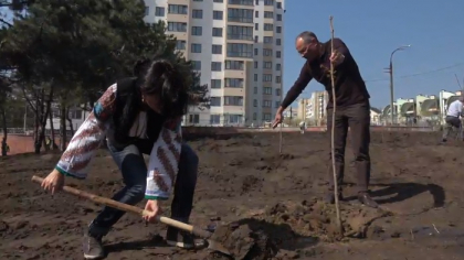 A luat camera de filmat cu ea si a mers sa planteze copaci intr-un parc din capitala. Silvia Radu, imbracata intr-o ie, cu harletul in mana, printre muncitori - FOTO