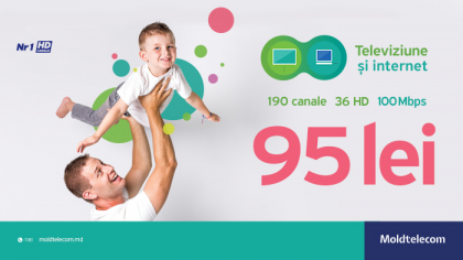 Televiziune digitala Moldtelecom cu cele mai multe canale HD si Internet fix la viteza de 100 Mbps la doar 95 lei/luna pentru primele 6 luni de la conectare