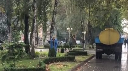 Uda plantele... in timp ce afara ploua. Cum a fost surprins un muncitor de la Spatii Verzi - VIDEO