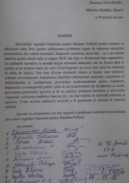 Nu-si primesc salariile inca de vara. Angajatii Agentiei Nationale pentru Sanatate Publica au scris un demers catre Silvia Radu: "Fiind bugetari, nu avem alte surse de existenta...". Mesajul acestora - GALERIE FOTO Nu-si primesc salariile inca de vara. Angajatii Agentiei Nationale pentru Sanatate Publica au scris un demers catre Silvia Radu: "Fiind bugetari, nu avem alte surse de existenta...". Mesajul acestora - GALERIE FOTO