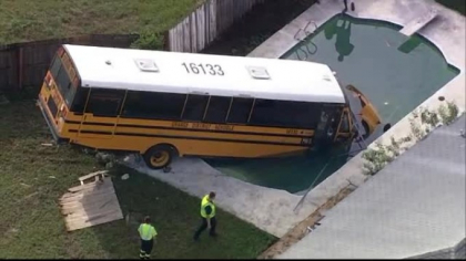 Un autobuz scolar, cu 9 elevi in el, a ajuns intr-o piscina. Soferul a evitat un alt accident