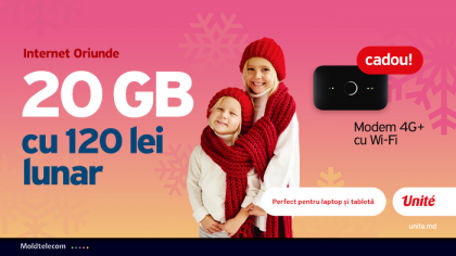 Alege Internet Oriunde de la Unite si ai 20 GB la doar 120 lei lunar si modem 4G cu WiFi, cadou la conectare