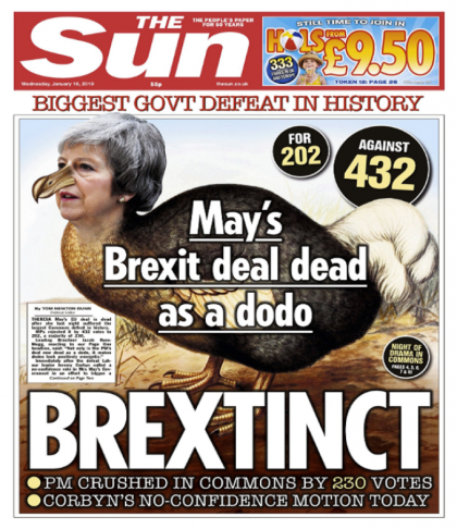 Presa britanica vorbeste despre un " BREXTINCT", dupa infrangerea lui May in Parlament - GALERIE FOTO