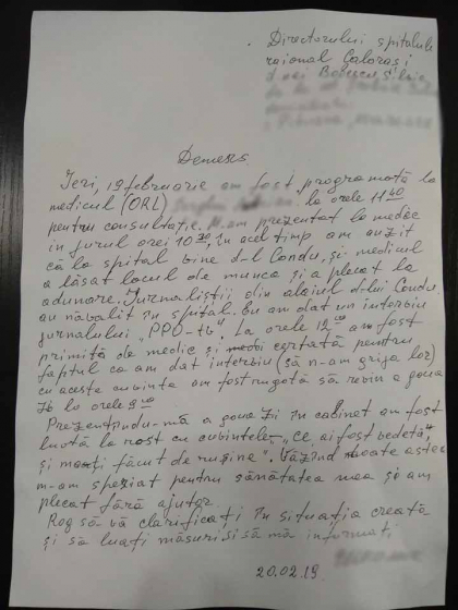 Luata la rost de un doctor de la Calarasi, dupa ce a spus la ProTV ca a asteptat ore in sir in holul spitalului, pana medicii au iesit de la adunarea PD: "Ce ai fost vedeta? Ne-ai facut de rusine!" Femeia a depus un demers - FOTO