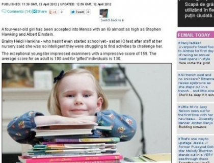 Cel mai tanar membru Mensa. Are 4 ani, un IQ de 159 si foloseste computerul de la 18 luni Cel mai tanar membru Mensa. Are 4 ani, un IQ de 159 si foloseste computerul de la 18 luni