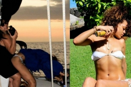 Rihanna, dezmat total: s-a pozat cu alcool pe plaja, topless si mimand un act sexual cu o femeie. Vezi imaginile socante