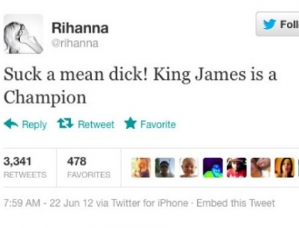 Mesaj vulgar postat de Rihanna pe Twitter, dupa ce Miami Heat a castigat titlul in NBA Mesaj vulgar postat de Rihanna pe Twitter, dupa ce Miami Heat a castigat titlul in NBA
