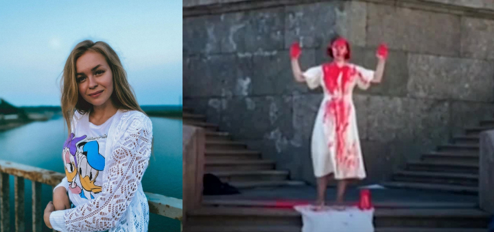 „Inima mea sangereaza”. Artista Yevgenia Isayeva - protagonista unui protest extrem in centrul orasului natal al dictatorului Vladimir Putin - VIDEO