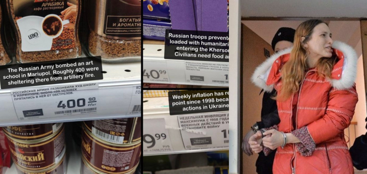O artista din Rusia a fost arestata dupa ce a scris pe etichetele de preturi dintr-un magazin informatii legate de razboiul din Ucraina - FOTO O artista din Rusia a fost arestata dupa ce a scris pe etichetele de preturi dintr-un magazin informatii legate de razboiul din Ucraina - FOTO