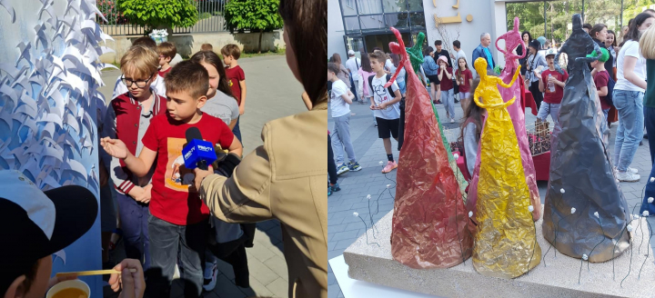 Si copiii se gandesc la protectia mediului. La un liceu din capitala a fost lansata o expozitie unde elevii si-au facut lucrarile din materiale reciclabile: „Apa a fost facuta din pungi de gunoi...” - VIDEO