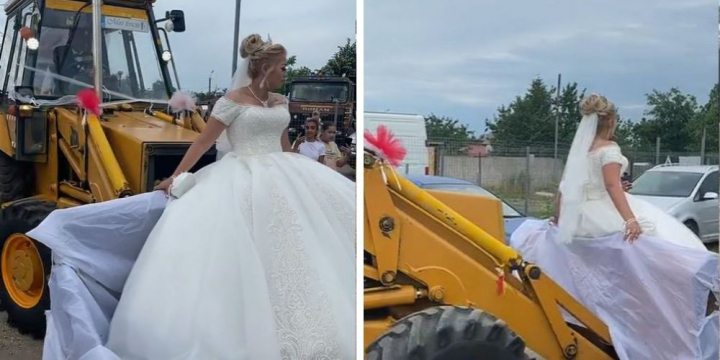 Imagini neasteptate de la o nunta din Romania. Mireasa a fost plimbata cu buldoexcavatorul