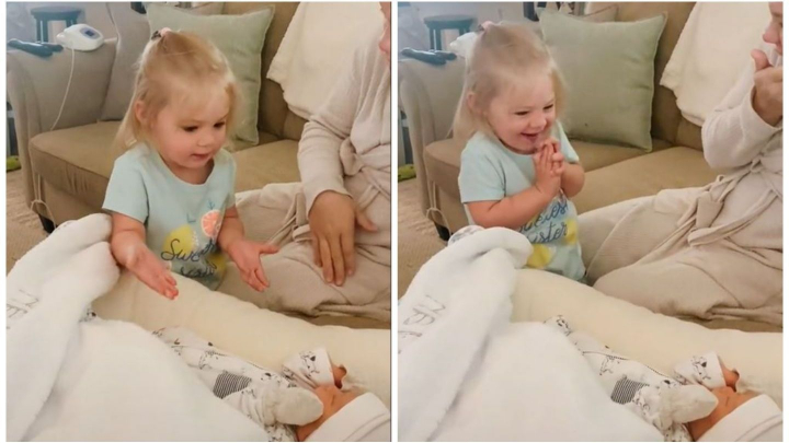 Clipul care iti va inveseli ziua! Reactia adorabila a unei fetite cand isi cunoaste fratiorul nou-nascut