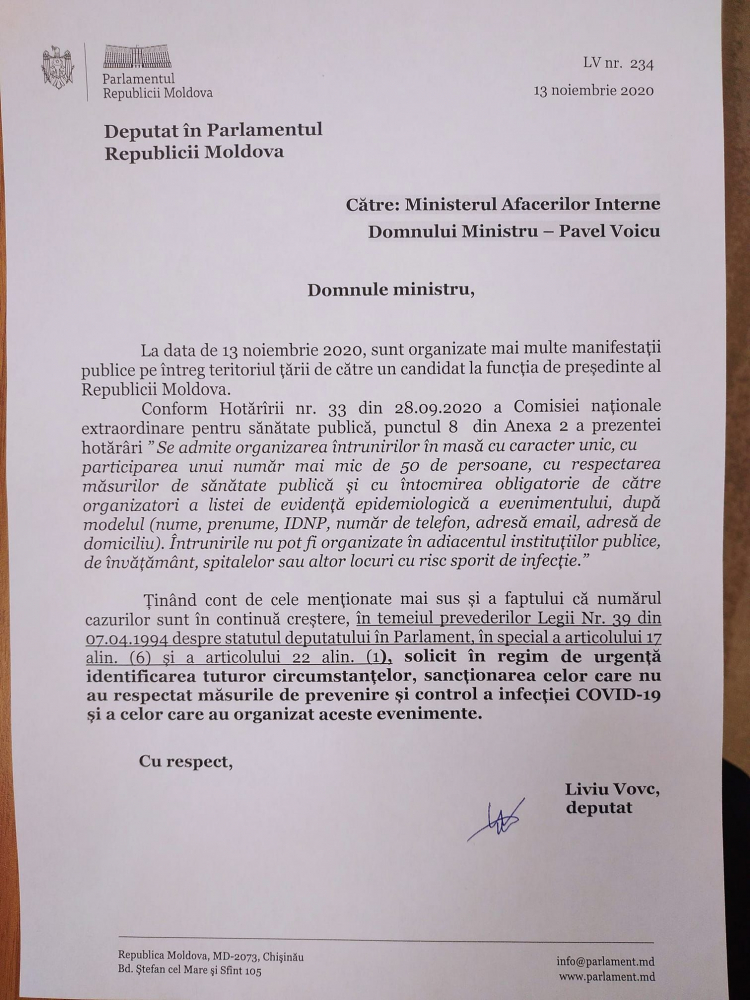 Un deputat PPDA a depus o sesizare către MAI cu privire la manifestațiile organizate de PSRM - DOC