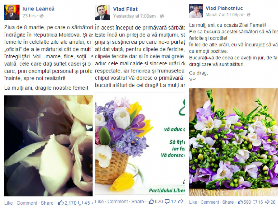 "Batalia" politicienilor pe Facebook de 8 Martie: Iurie Leanca l-a devansat pe Vlad Filat la numarul de like-uri - FOTO
