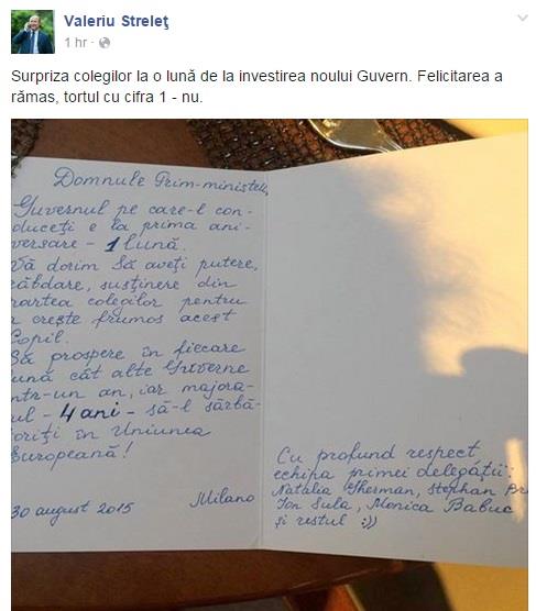 O felicitare pentru Strelet, la o luna de la investirea noului Guvern: "Majoratul - 4 ani - sa-l sarbatoriti in Uniunea Europeana!" - FOTO