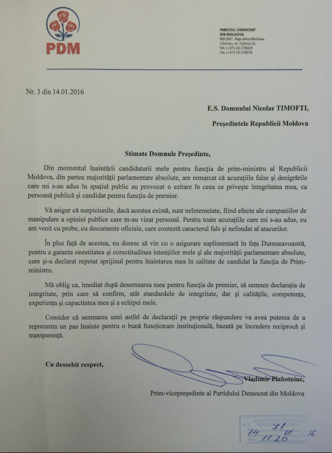 Plahotniuc i-a scris lui Timofti si se angajeaza sa semneze o declaratie de integritate, numai ca seful statului sa-l desemneze candidat la functia de premier - FOTO