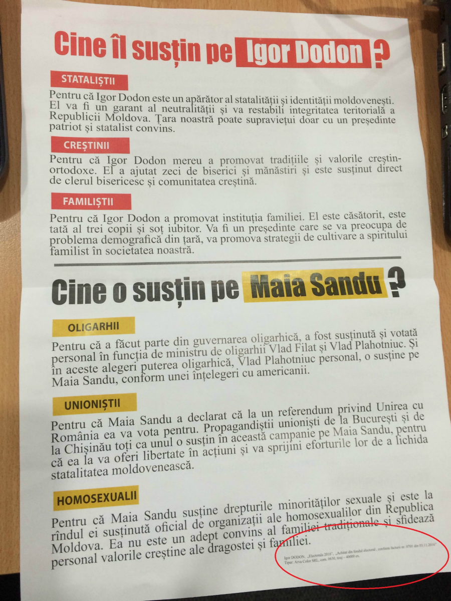 Statalistii, crestinii si familistii lui Dodon VS oligarhii, unionistii si homosexualii Maiei Sandu. Pliantele cu care socialistul Igor Dodon face campanie electorala anti-Maia Sandu - FOTO