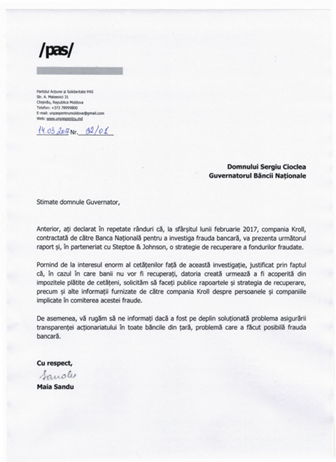 PAS solicita ca BNM sa faca publice rapoartele despre furtul miliardului furnizate de catre compania Kroll. Scrisoarea expediata \\ DOC