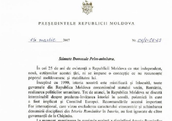 Dodon cere Guvernului sa introduca Istoria Moldovei in scoli incepand cu noul an de invatamant \\ DOC