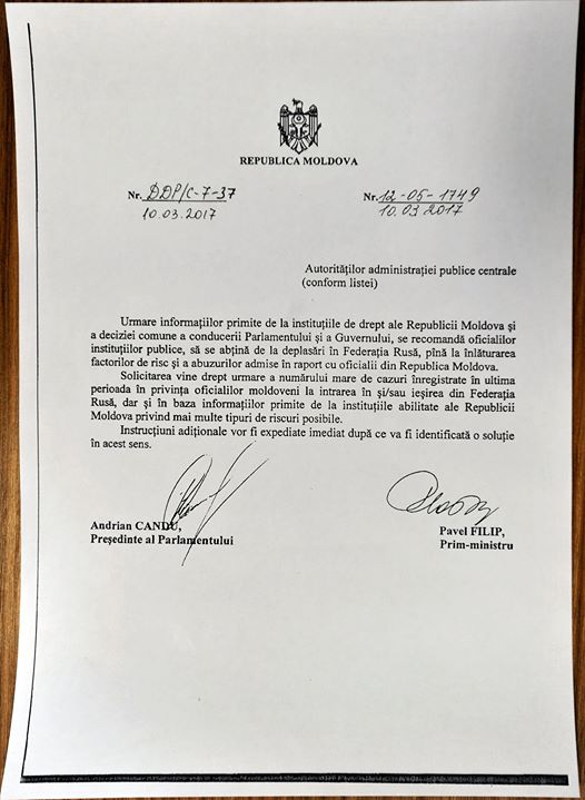 Notificarea semnata de Candu si Filip prin care le cer oficialilor moldoveni sa se abtina de la deplasarile in Federatia Rusa \\ DOC