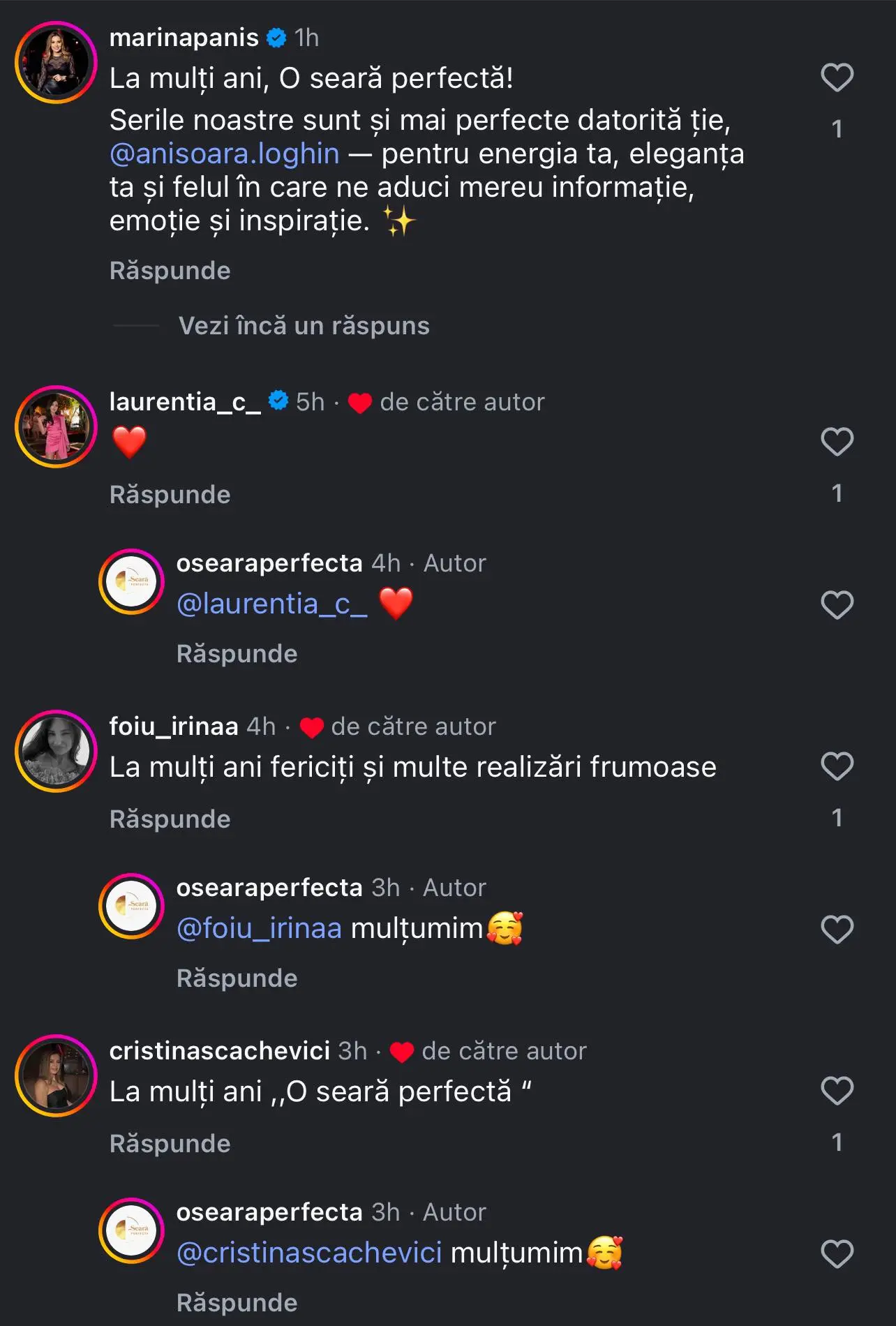 Comentariile sub postarea echipei „O Seară Perfectă”