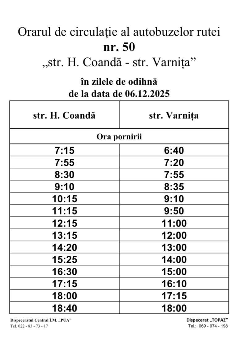 Orarul circulației autobuzelor rutei nr. 50