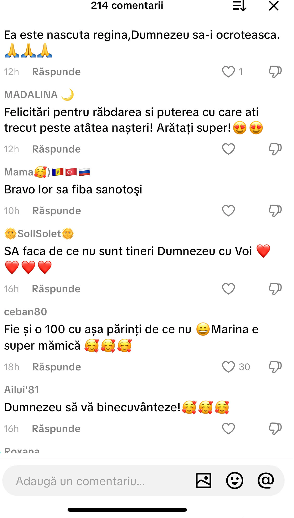 Comentariile sub clipul video postat de Marina Cârnaț