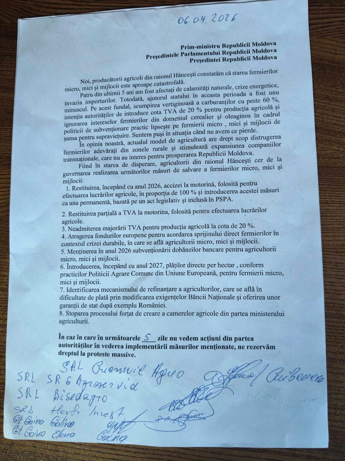 Document semnat de Asociația Forța Fermierilor