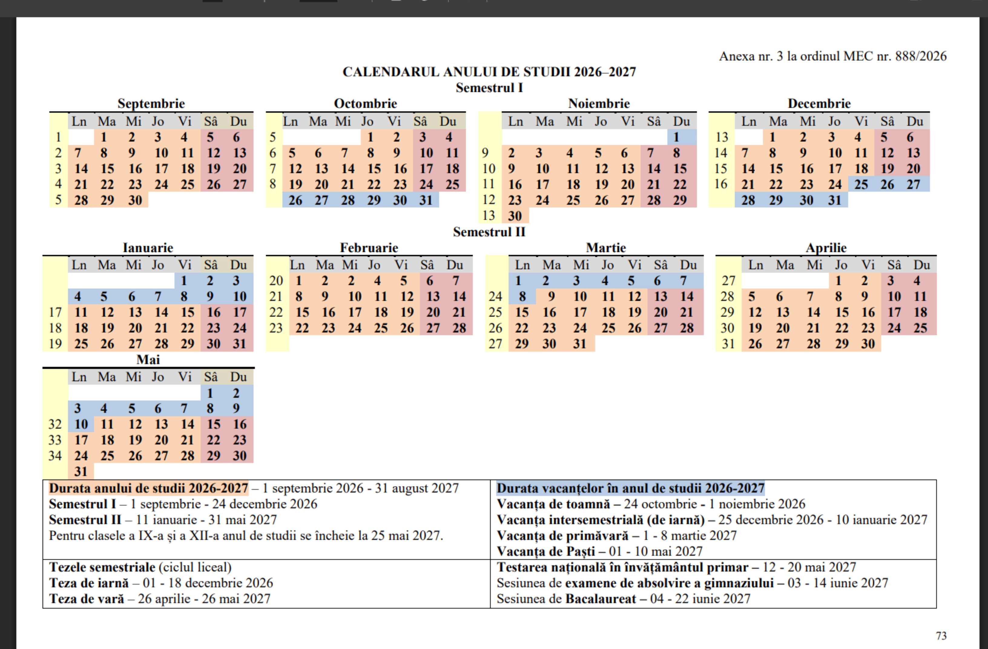 Calendarul anului de studii