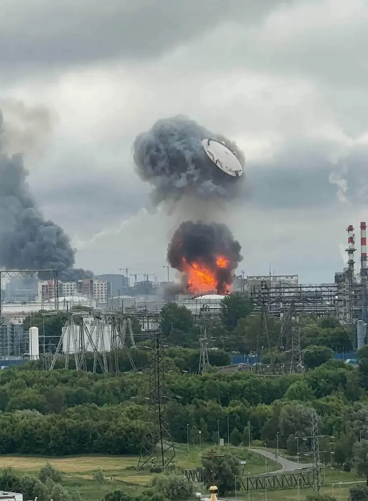 Capacul unui depozit de petrol, aruncat în aer